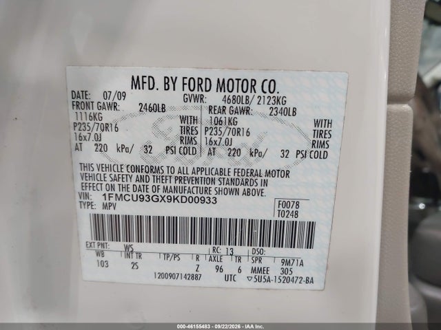 2009 Ford Escape Xlt მანქანა იყიდება აუქციონზე, vin: 1FMCU93GX9KD00933, აუქციონის ნომერი: 46155483