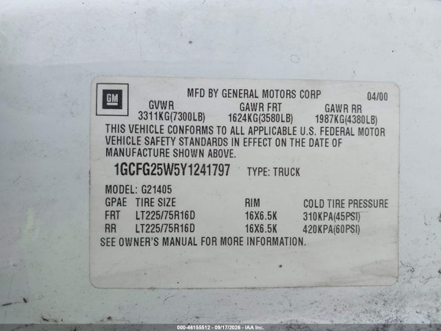 46155512 :رقم المزاد ، 1GCFG25W5Y1241797 vin ، 2000 Chevrolet Express مزاد بيع