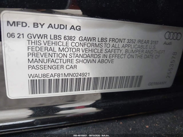 Продаж на аукціоні авто 2021 Audi A8 L 60 Tfsi Quattro Tiptronic, vin: WAU8EAF81MN024921, номер лоту: 46155521