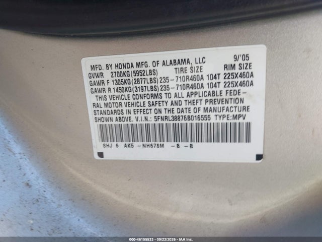 Aukcja sprzedaży 2006 Honda Odyssey Touring, vin: 5FNRL38876B016555, numer aukcji: 46155533