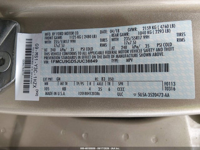 46155559 :رقم المزاد ، 1FMCU9GD5JUC38849 vin ، 2018 Ford Escape Se مزاد بيع