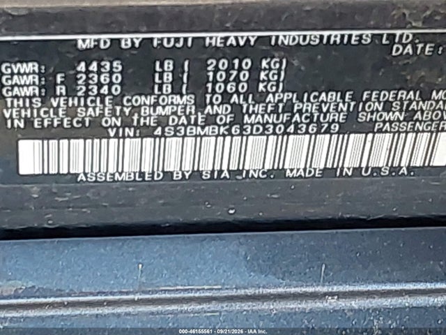 46155561 :رقم المزاد ، 4S3BMBK63D3043679 vin ، 2013 Subaru Legacy 2.5i Limited مزاد بيع