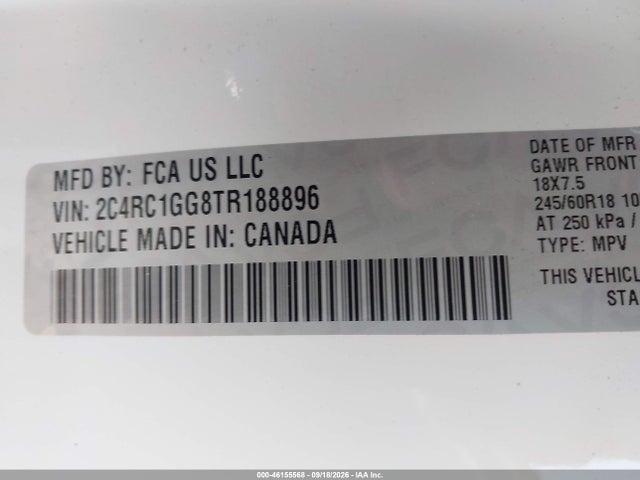 Продаж на аукціоні авто 2026 Chrysler Pacifica Limited, vin: 2C4RC1GG8TR188896, номер лоту: 46155568