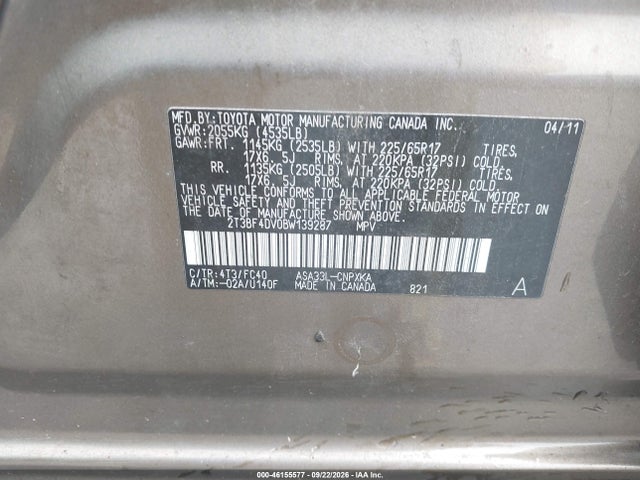 Aukcja sprzedaży 2011 Toyota Rav4, vin: 2T3BF4DV0BW139287, numer aukcji: 46155577