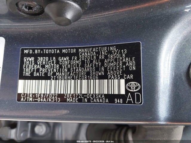 46155578 :رقم المزاد ، 2T1BURHE1EC081606 vin ، 2014 Toyota Corolla S Plus مزاد بيع