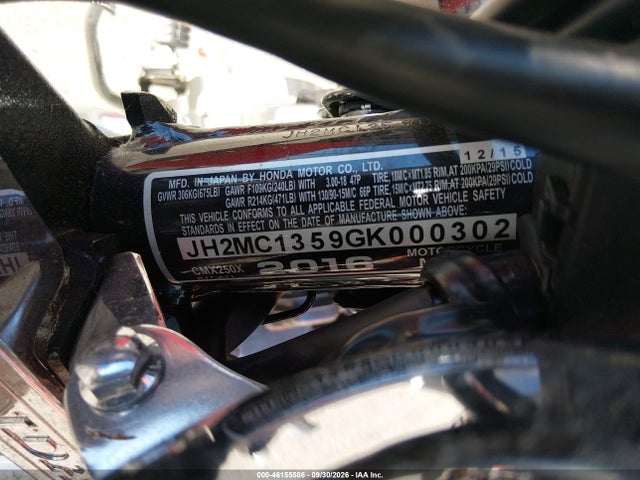 Продажа на аукционе авто 2016 Honda Cmx250 X, vin: JH2MC1359GK000302, номер лота: 46155586
