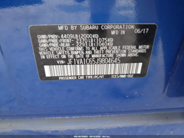 46155605 :رقم المزاد ، JF1VA1C65J9804645 vin ، 2018 Subaru Wrx Premium مزاد بيع