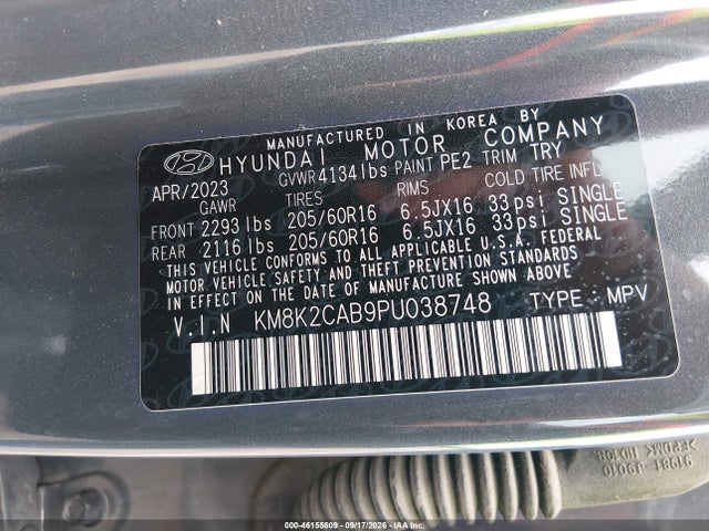 46155609 :رقم المزاد ، KM8K2CAB9PU038748 vin ، 2023 Hyundai Kona Se مزاد بيع