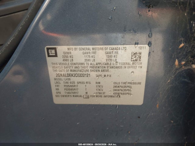 46155624 :رقم المزاد ، 2GNALDEK2C6222121 vin ، 2012 Chevrolet Equinox 1lt مزاد بيع