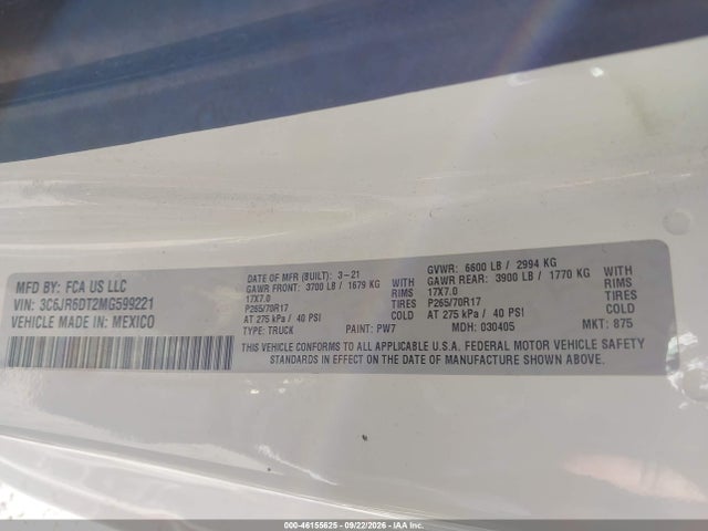 Aukcja sprzedaży 2021 Ram 1500 Classic Tradesman  4x2 8' Box, vin: 3C6JR6DT2MG599221, numer aukcji: 46155625