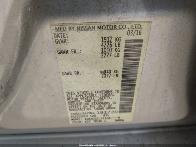 2016 Nissan Altima 2.5 S მანქანა იყიდება აუქციონზე, vin: 1N4AL3AP0GC191720, აუქციონის ნომერი: 46155626