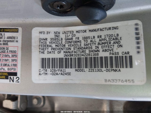 46155632 :رقم المزاد ، 1NXBR32E04Z281168 vin ، 2004 Toyota Corolla Le مزاد بيع