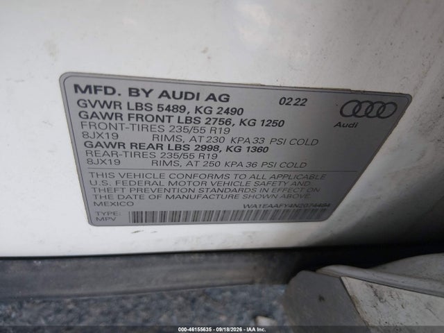 Продажа на аукционе авто 2022 Audi Q5 Premium Plus 45 Tfsi S Line Quattro S Tronic, vin: WA1EAAFY4N2074484, номер лота: 46155635