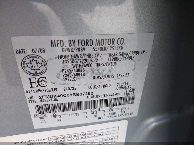 46155653 :رقم المزاد ، 2FMDK49C08BB37252 vin ، 2008 Ford Edge Limited مزاد بيع