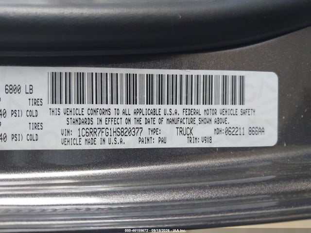 46155672 :رقم المزاد ، 1C6RR7FG1HS820377 vin ، 2017 Ram 1500 Tradesman  4x4 6'4 Box مزاد بيع