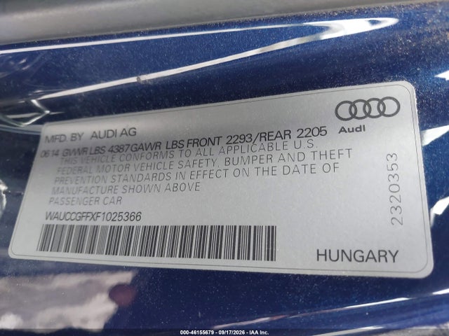 2015 Audi A3 1.8t Premium მანქანა იყიდება აუქციონზე, vin: WAUCCGFFXF1025366, აუქციონის ნომერი: 46155679
