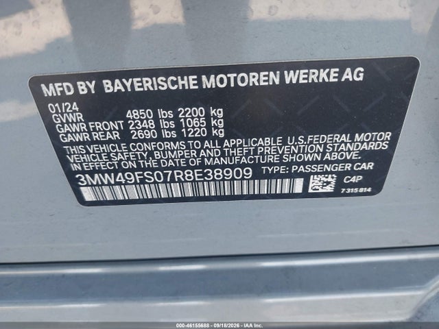 46155688 :رقم المزاد ، 3MW49FS07R8E38909 vin ، 2024 Bmw M340i مزاد بيع
