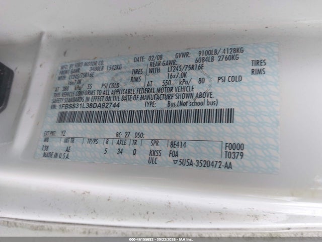 Продаж на аукціоні авто 2008 Ford E-350 Super Duty Xl, vin: 1FBSS31L38DA92744, номер лоту: 46155692