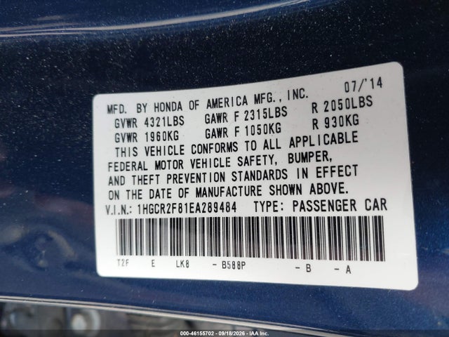 Honda Accord Ex-l 2014 1HGCR2F81EA289484 Image 9