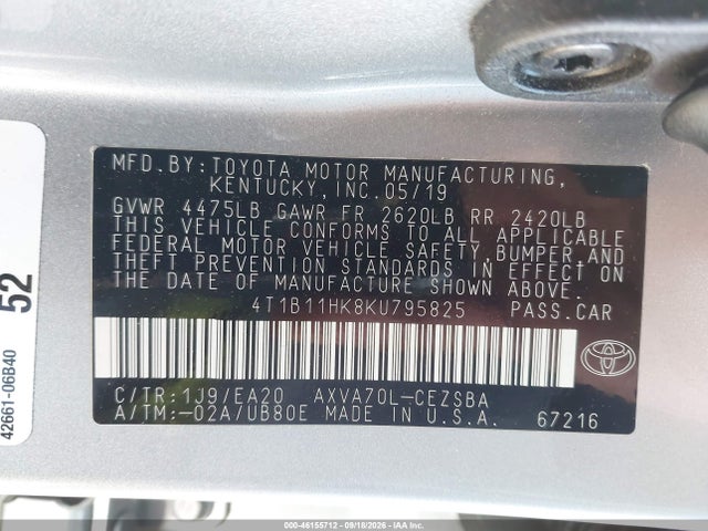 4T1B11HK8KU795825 Toyota CAMRY SE