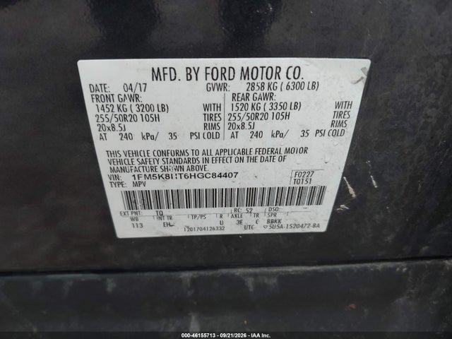 46155713 :رقم المزاد ، 1FM5K8HT6HGC84407 vin ، 2017 Ford Explorer Platinum مزاد بيع