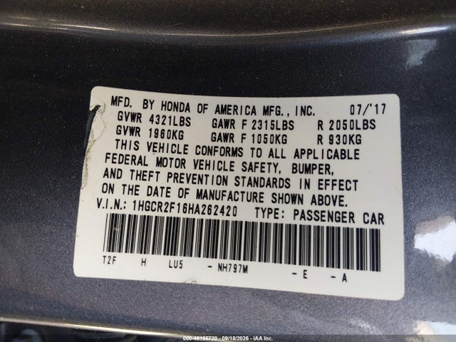 Aukcja sprzedaży 2017 Honda Accord Sport Se, vin: 1HGCR2F16HA262420, numer aukcji: 46155720