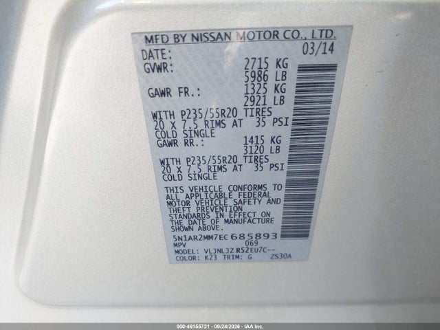 Продаж на аукціоні авто 2014 Nissan Pathfinder Platinum, vin: 5N1AR2MM7EC685893, номер лоту: 46155721