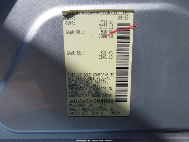 Продаж на аукціоні авто 2013 Nissan Sentra Sv, vin: 1N4AB7AP3DN904099, номер лоту: 46155764