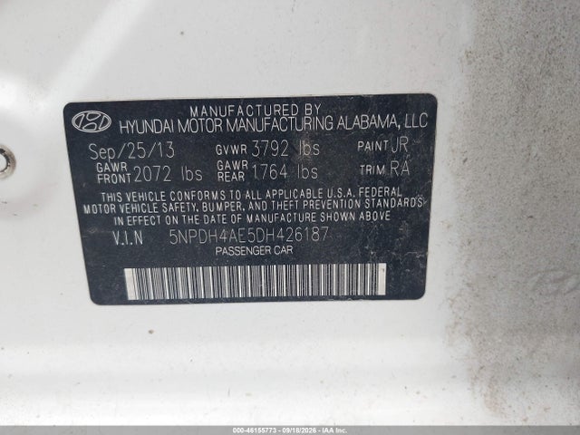 2013 Hyundai Elantra Gls მანქანა იყიდება აუქციონზე, vin: 5NPDH4AE5DH426187, აუქციონის ნომერი: 46155773