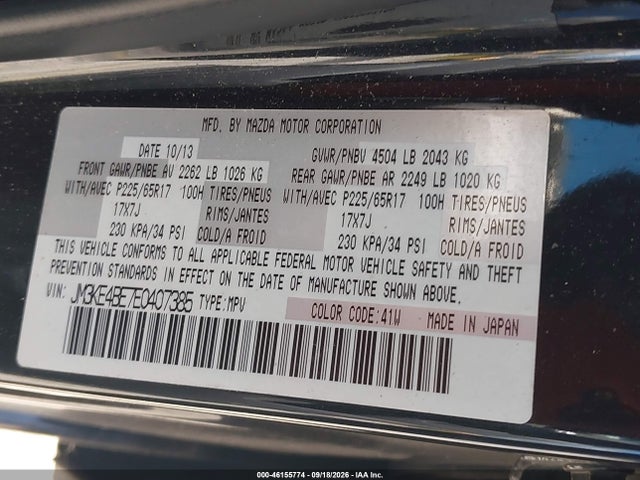 46155774 :رقم المزاد ، JM3KE4BE7E0407385 vin ، 2014 Mazda Cx-5 Sport مزاد بيع