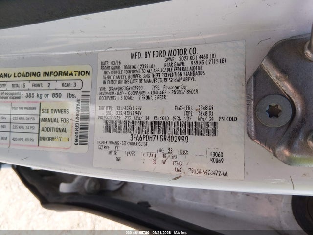 Aukcja sprzedaży 2016 Ford Fusion Se, vin: 3FA6P0H71GR402990, numer aukcji: 46155780