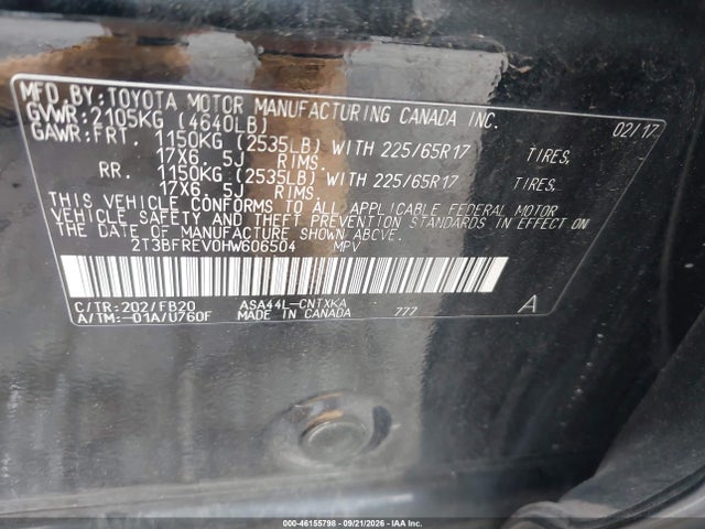 Aukcja sprzedaży 2017 Toyota Rav4 Le, vin: 2T3BFREV0HW606504, numer aukcji: 46155798