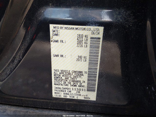 2015 Nissan Altima 2.5 Sv მანქანა იყიდება აუქციონზე, vin: 1N4AL3AP6FC115031, აუქციონის ნომერი: 46155804