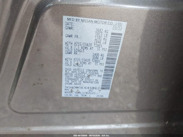 46155809 :رقم المزاد ، 5N1AR2MM7DC645862 vin ، 2013 Nissan Pathfinder Platinum مزاد بيع