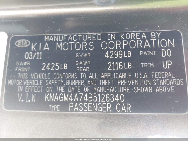 2011 Kia Optima Lx მანქანა იყიდება აუქციონზე, vin: KNAGM4A74B5126340, აუქციონის ნომერი: 46155818