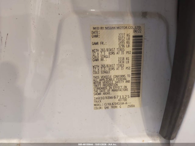 2022 Nissan Frontier Long Bed Sv 4x4 მანქანა იყიდება აუქციონზე, vin: 1N6ED1FK8NN671125, აუქციონის ნომერი: 46155844