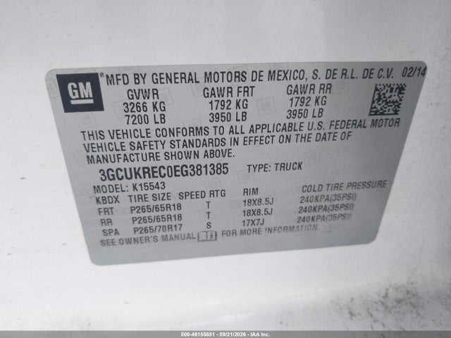 Aukcja sprzedaży 2014 Chevrolet Silverado 1500 2lt, vin: 3GCUKREC0EG381385, numer aukcji: 46155851