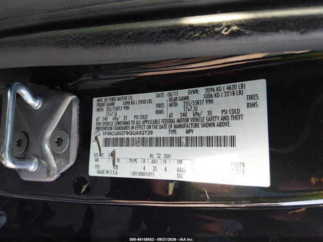 46155852 :رقم المزاد ، 1FMCU0G79GUA52729 vin ، 2016 Ford Escape Se مزاد بيع