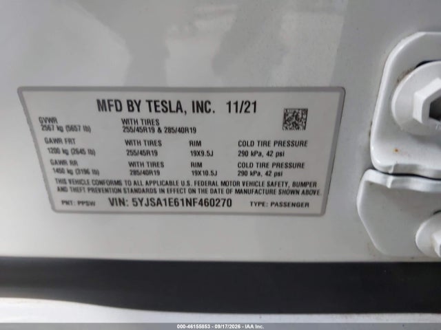 46155853 :رقم المزاد ، 5YJSA1E61NF460270 vin ، 2022 Tesla Model S Plaid Tri Motor All-wheel Drive مزاد بيع
