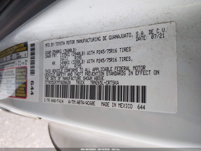 2021 Toyota Tacoma 2wd Sr მანქანა იყიდება აუქციონზე, vin: 3TYRX5GN7MT028628, აუქციონის ნომერი: 46155854