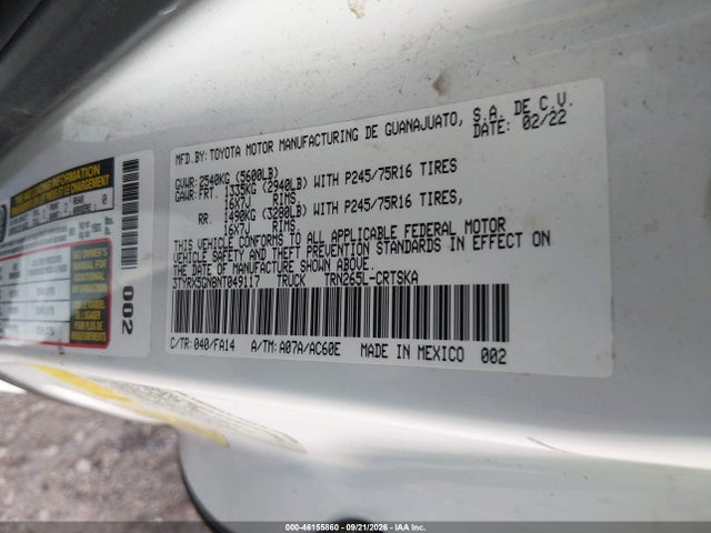 2022 Toyota Tacoma Sr მანქანა იყიდება აუქციონზე, vin: 3TYRX5GN8NT049117, აუქციონის ნომერი: 46155860