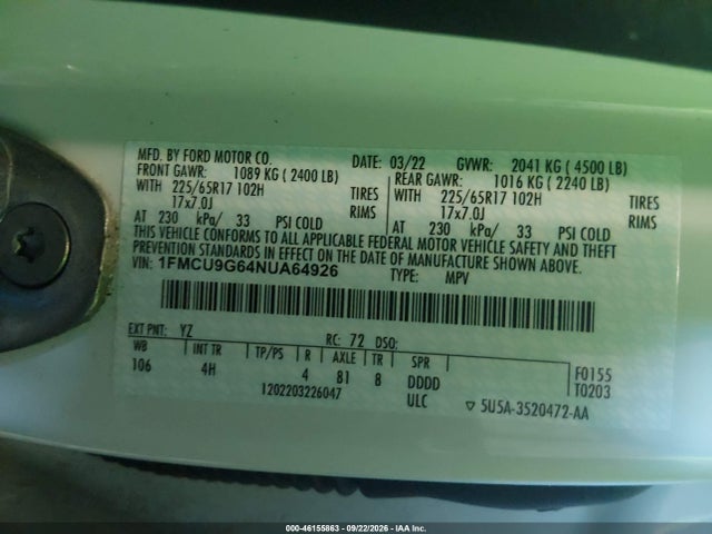 Продажа на аукционе авто 2022 Ford Escape Se, vin: 1FMCU9G64NUA64926, номер лота: 46155863