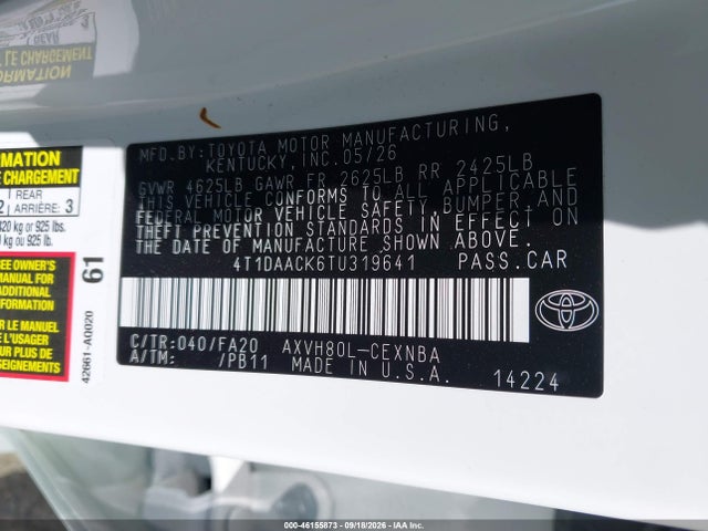 Продаж на аукціоні авто 2026 Toyota Camry Le, vin: 4T1DAACK6TU319641, номер лоту: 46155873