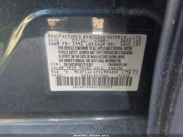 Aukcja sprzedaży 2016 Nissan Sentra Sv, vin: 3N1AB7AP6GY315357, numer aukcji: 46155875