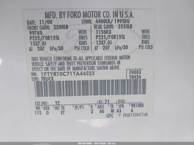Продажа на аукционе авто 2001 Ford Ranger Xl/xlt, vin: 1FTYR10C71TA44523, номер лота: 46155881
