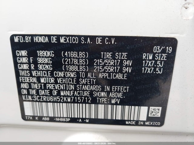 Продажа на аукционе авто 2019 Honda Hr-v Ex, vin: 3CZRU6H52KM715712, номер лота: 46155883