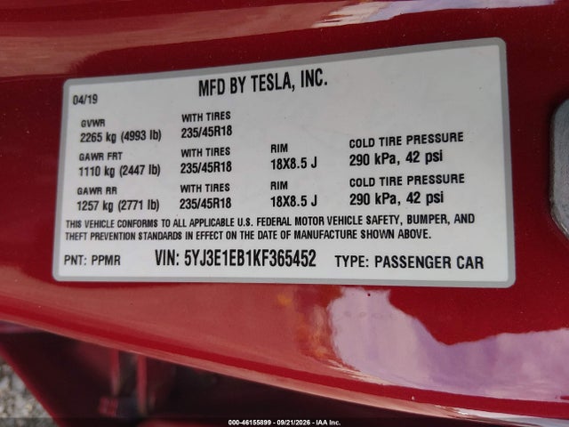 Aukcja sprzedaży 2019 Tesla Model 3 Long Range/performance, vin: 5YJ3E1EB1KF365452, numer aukcji: 46155899