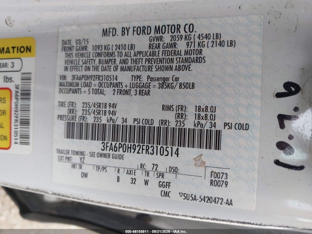 Ford FUSION SE 2015 3FA6P0H92FR310514 Image 9