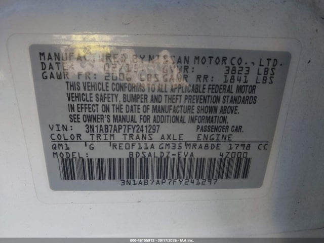 46155912 :رقم المزاد ، 3N1AB7AP7FY241297 vin ، 2015 Nissan Sentra Fe+ S/s/sl/sr/sv مزاد بيع