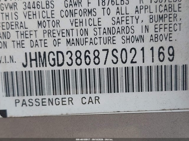 2007 Honda Fit Sport მანქანა იყიდება აუქციონზე, vin: JHMGD38687S021169, აუქციონის ნომერი: 46155917